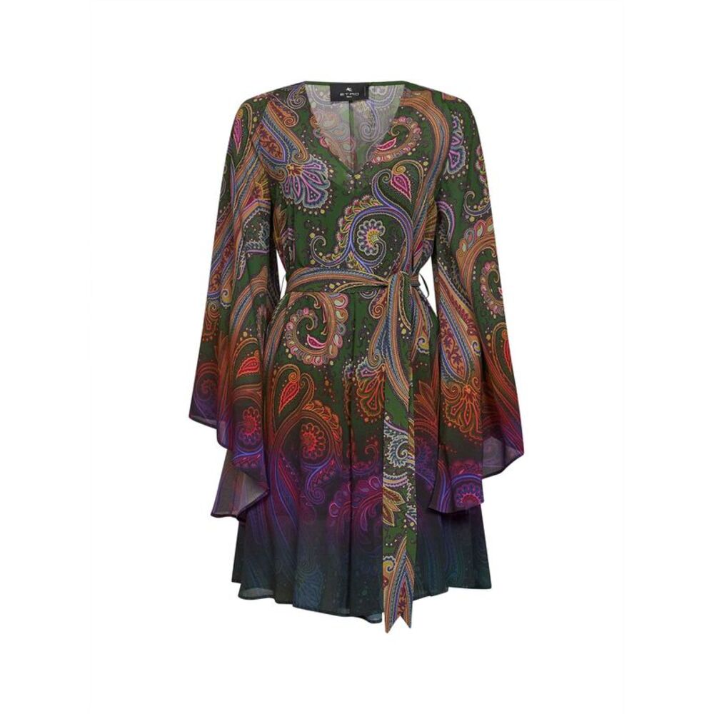 Etro Women Green Paisley-Printed Crêpe De Chine Belted Mini Dress